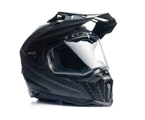 黑色的摩托车头盔 带白色背景隔离盾牌的越野车头盔 — 图库照片