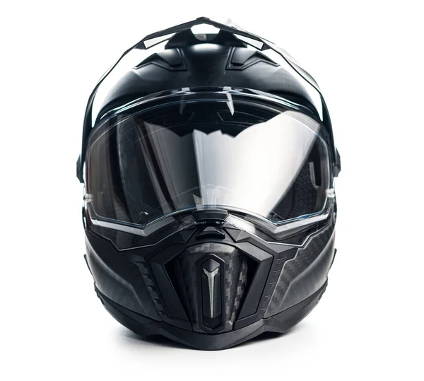 黑色的摩托车头盔 带盾牌的越野车头盔 白色背景隔离 — 图库照片