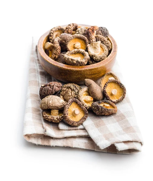 Dried Shiitake Mushrooms Checkered Napkin Isolated White Background — Stock Photo, Image