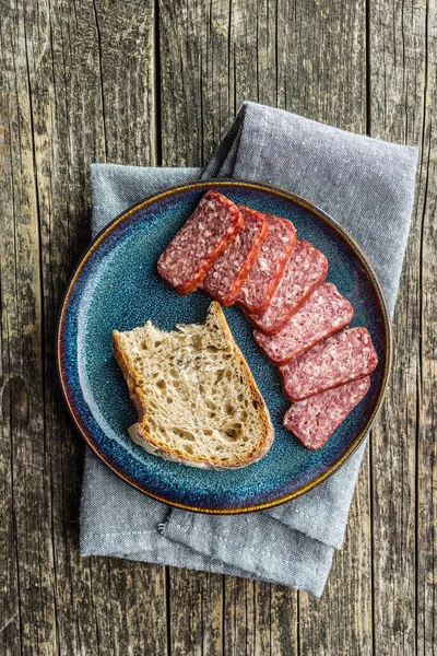 Smoked Sausage Sliced Salami Plate Top View — Stock Photo, Image