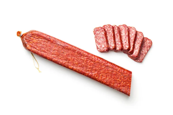 Smoked Sausage Курил Разрезанная Колбаса Белом Фоне — стоковое фото