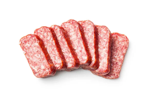 Smoked Sausage Sliced Salami Isolatd White Background — Stock Photo, Image