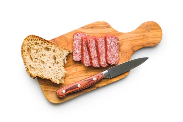Smoked Sausage Sliced Salami Bread Isolatd White Background — Stock Photo, Image