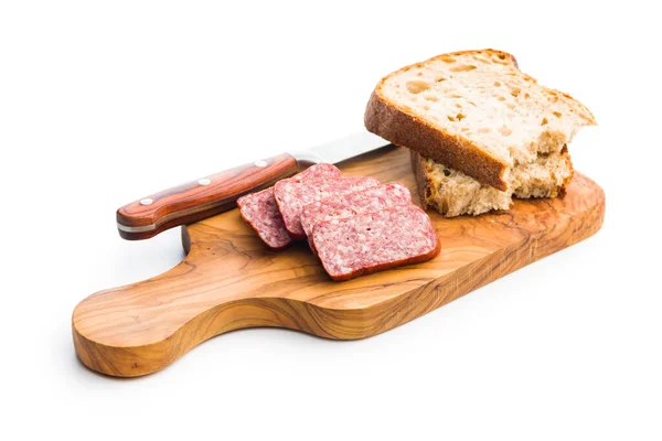 Smoked Sausage Sliced Salami Bread Isolatd White Background — Stock Photo, Image