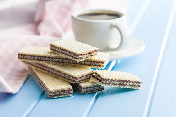 Sweet Chocolate Wafer Coffee Cup Blue Table — Stock Photo, Image