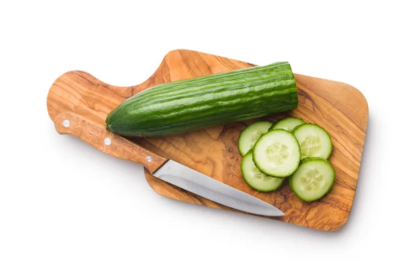 Sliced Fresh Green Cucumber Cutting Board Isolated White Background — Stock Photo, Image