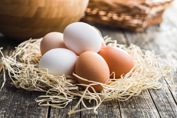 Whole Chicken Eggs Wooden Table — Stock Photo, Image
