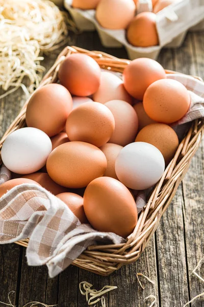 Whole Chicken Eggs Basket Wooden Table — Stock Photo, Image