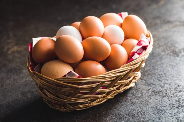 Whole Chicken Eggs Basket Black Table — Stock Photo, Image