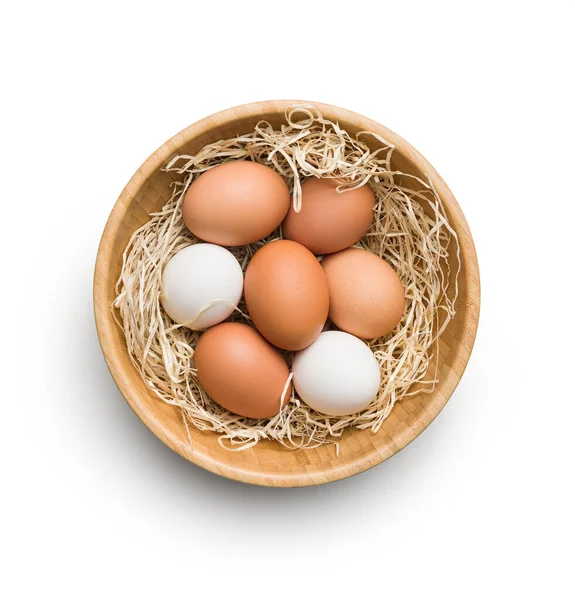 Whole Chicken Eggs Basket Isolated White Background Top View — Stock Photo, Image