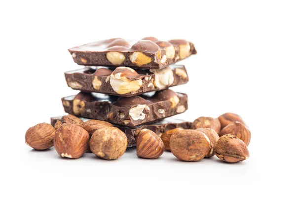 Broken Chocolate Bars Nuts Isolated White Background — Stock Photo, Image