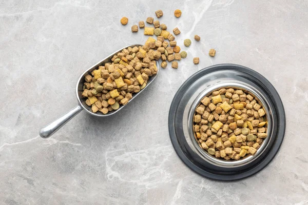 Dry Kibble Pet Food Dog Cat Food Scoop Gray Table — Stock Photo, Image