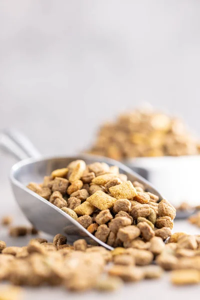 Dry Kibble Pet Food Dog Cat Food Scoop Gray Table — Stock Photo, Image