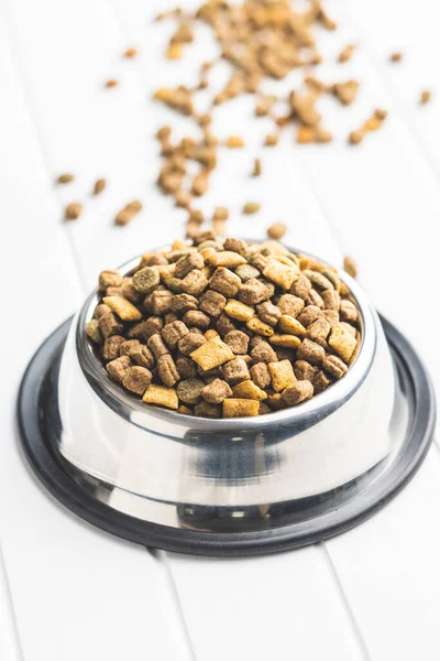 Dry Kibble Pet Food Dog Cat Food Bowl White Table — Stock Photo, Image