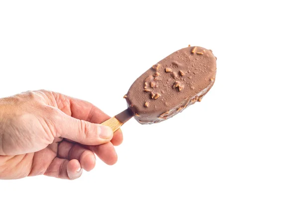 Eis Stiel Eis Mit Schokolade Der Hand Auf Weißem Hintergrund — Stockfoto