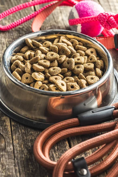 Dog Lead Dry Food Wooden Table — Stock Photo, Image