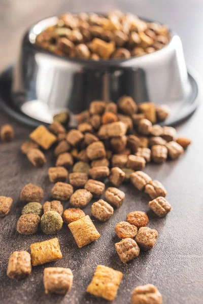 Dry Kibble Pet Food Dog Cat Food Old Table — Stock Photo, Image