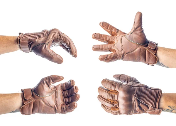 Vintage Leather Motorcycle Gloves Hand Isolated White Background — Stock Photo, Image