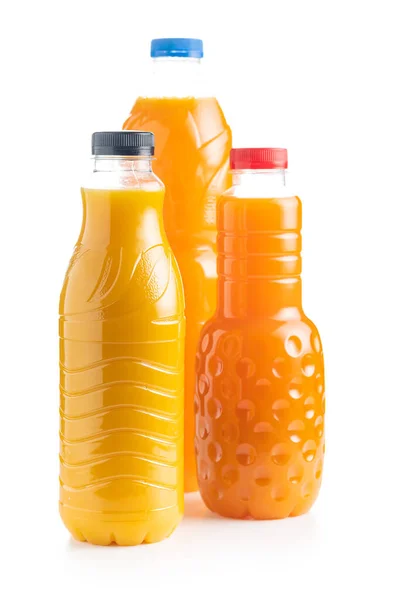 Trzy Butelki Soku Owocowego Sok Pomarańczowy Izolowany Białym Tle — Zdjęcie stockowe