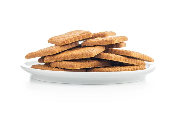 Sladké Karamelové Sušenky Chutné Sušenky Talíři Izolované Bílém Pozadí — Stock fotografie
