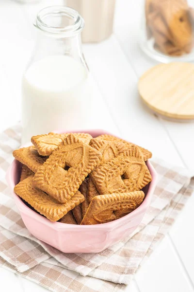 Sweet Caramel Biscuits Tasty Cookies Bowl Checkered Napkin — Stock Photo, Image