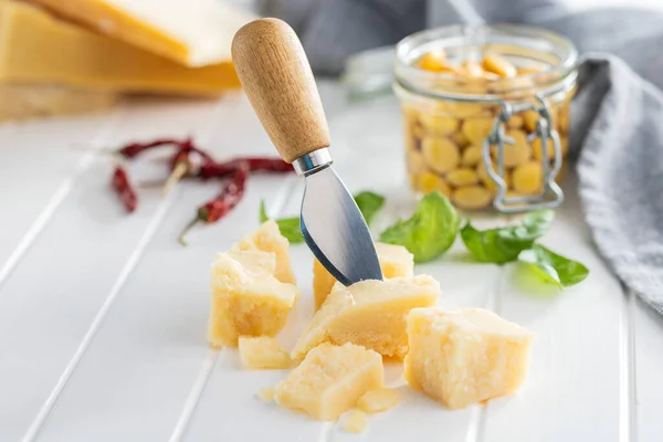 Tasty Parmesan Cheese White Table — Stock Photo, Image
