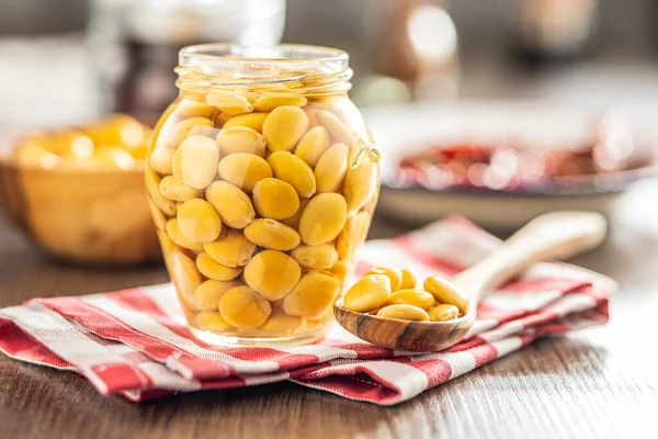 Lupini Beans Brine Pickled Lupin Jar Kitchen Table — Stock Photo, Image