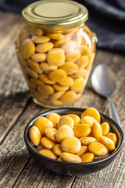 Lupini Beans Brine Pickled Lupin Bowl Wooden Table — Foto de Stock