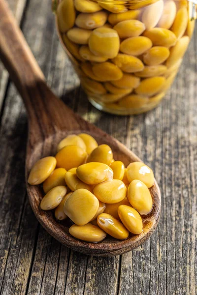 Lupini Beans Brine Pickled Lupin Spoon Wooden Table — Foto de Stock