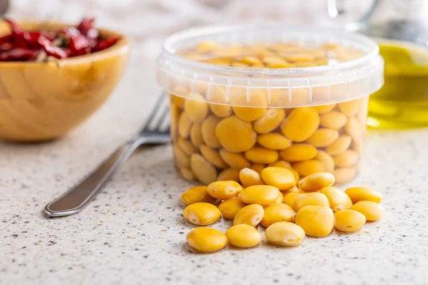 Lupini Beans Brine Pickled Lupin Bowl Kitchen Table — Zdjęcie stockowe
