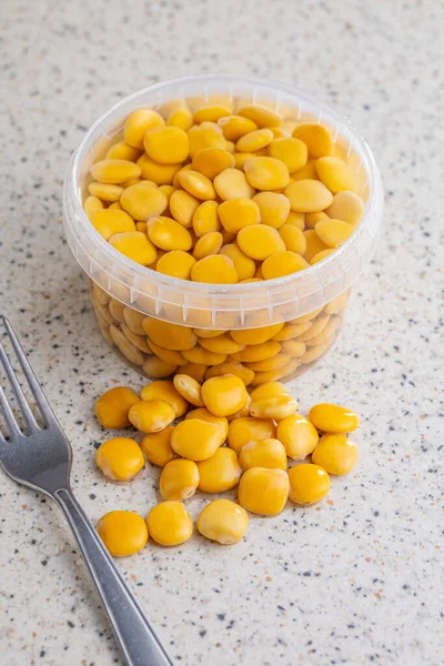 Lupini Beans Brine Pickled Lupin Bowl Kitchen Table — Zdjęcie stockowe