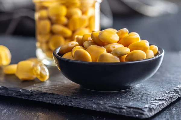 Lupini Beans Brine Pickled Lupin Bowl Black Table — Stockfoto