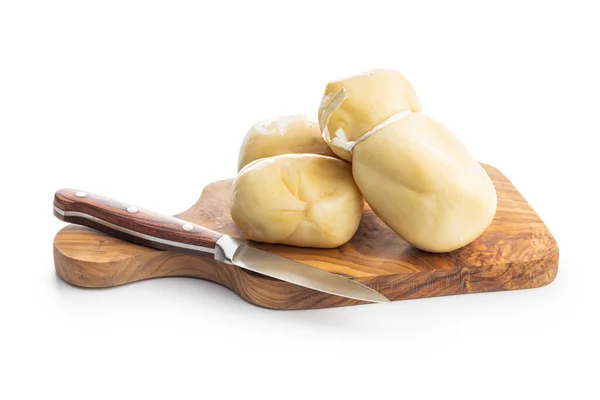 Smoked Scamorza Cheese Cutting Board Isolated White Background — Stock Photo, Image