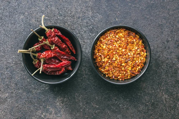 Whole Milled Red Chili Peppers Kitchen Table Top View — Stock Photo, Image