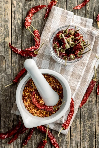 Crushed Whole Chili Peppers Mortar Top View — Stock Photo, Image