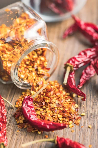 Crushed Whole Chili Peppers Wooden Table — Stock Photo, Image