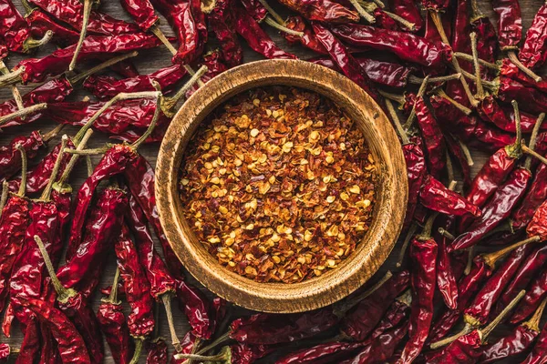 Crushed Whole Chili Peppers Bowl Top View — Stock Photo, Image