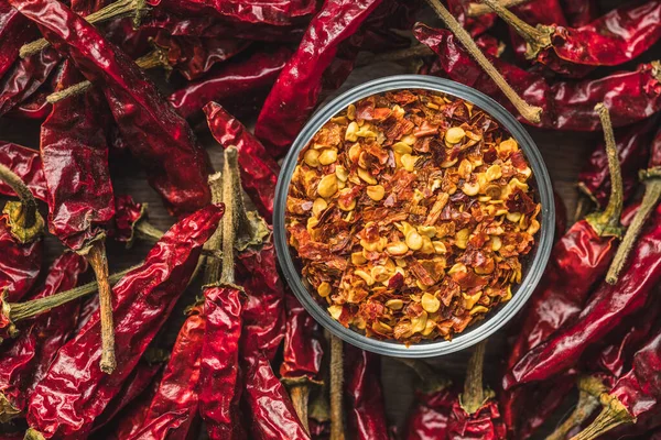 Crushed Whole Chili Peppers Bowl Top View — Stock Photo, Image
