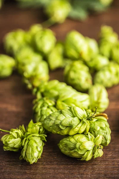 Green hops crop in bowl on the wooden table.