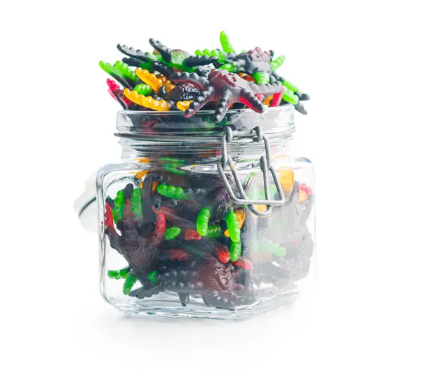 Scary Sweet Jelly Spiders Halloween Candies Jar Isolated White Background — Stock Photo, Image
