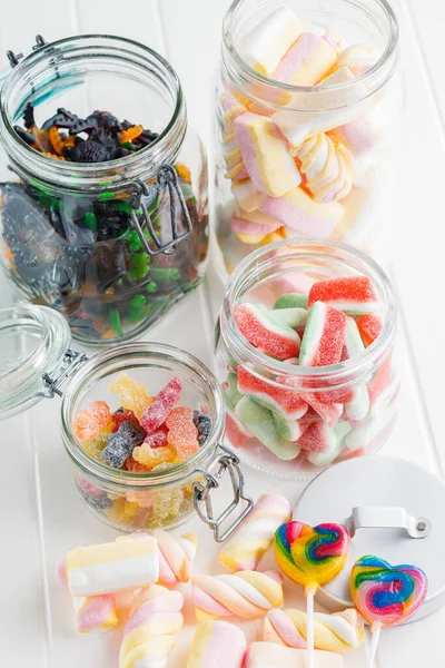 Sweet Colorful Marshmallows Jelly Candies White Kitchen Table — Stock Photo, Image