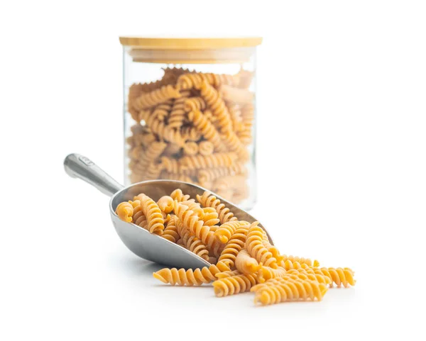 Raw Whole Grain Fusilli Pasta Uncooked Pasta Scoop Isolated White — Stock Photo, Image
