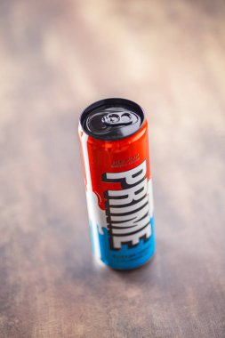 Prime Energy Drink . Bottle drink on the rustic background.