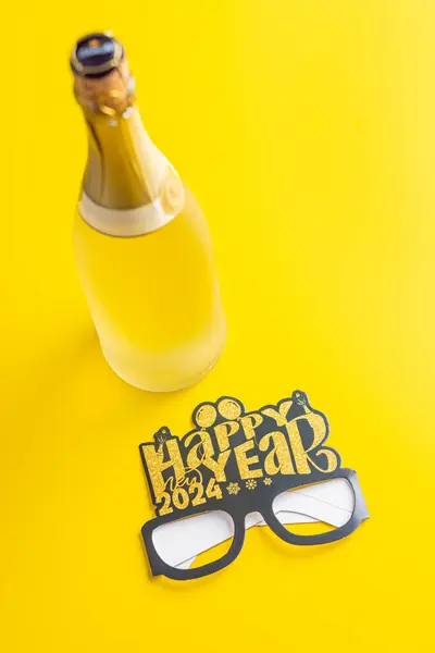 Happy New Year Background Black Funny Paper Glasses Bottle Champagne — Stock Photo, Image