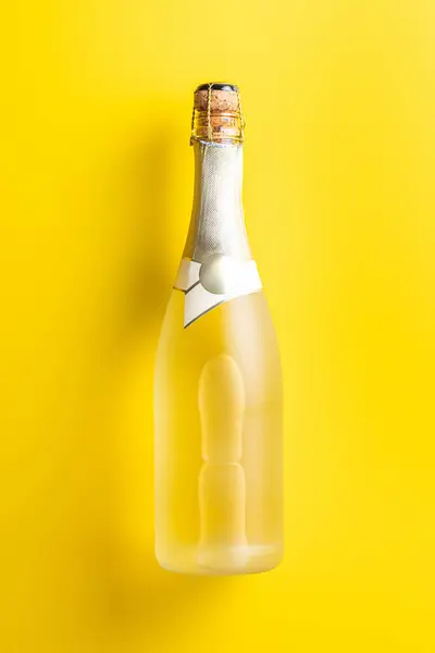 Bottle Champagne Yellow Background Top View — Stock Photo, Image