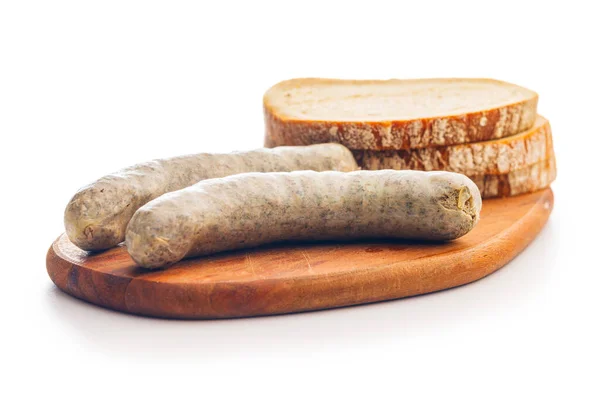White Pudding Sausage Pork Product Bread Cutting Board Isolated White — Stock Photo, Image