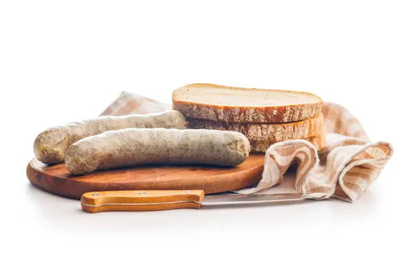 White Pudding Sausage Pork Product Bread Cutting Board Isolated White — Stock Photo, Image