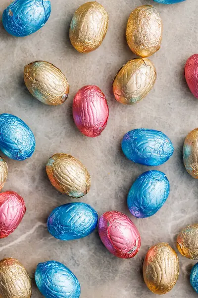 Easter Chocolate Eggs Wrapped Aluminium Foil Kitchen Table Top View — Stock Photo, Image