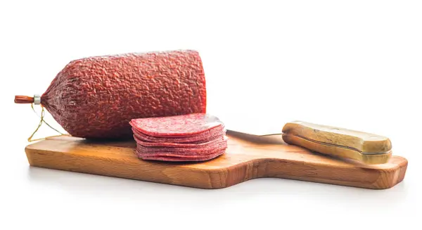 Sliced Salami Sausage Cutting Board Isolated White Background — Stock Photo, Image