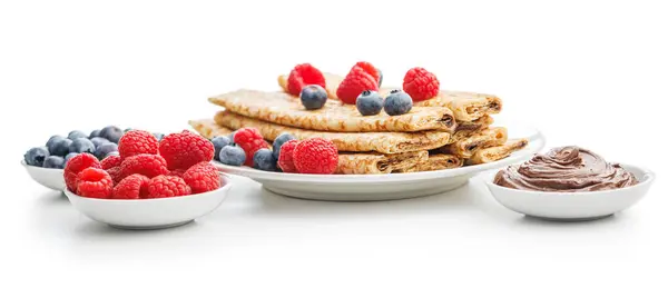 Freshly Made Crepes Stacked Raspberries Blueberries Side Chocolate Spread Isolated — Stock Photo, Image